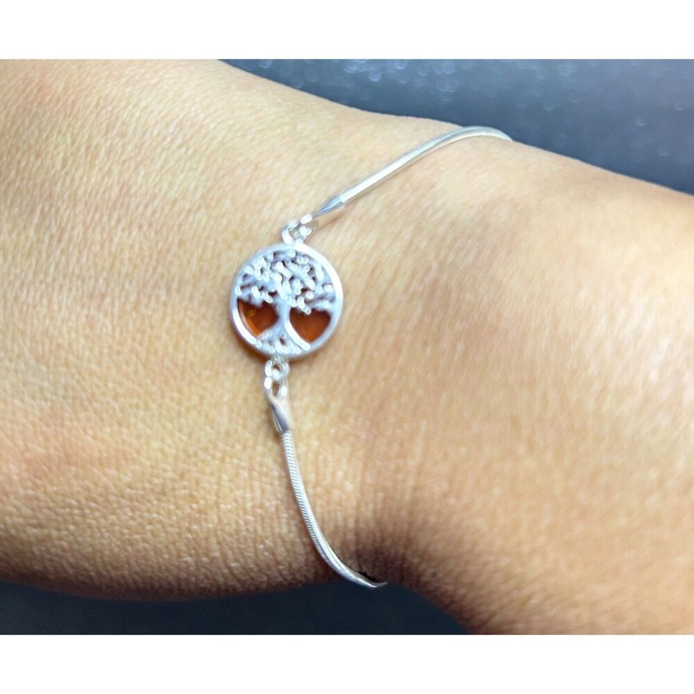 Sterling Silver Baltic Amber Tree of Life Chakra Bracelet Adjustable Chain Inlay